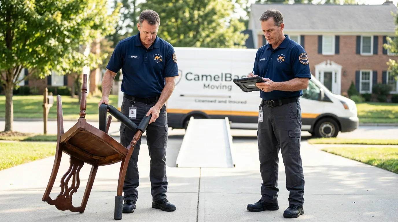 Movers inspecting furniture for damage prevention before loading in Davisboro, GA